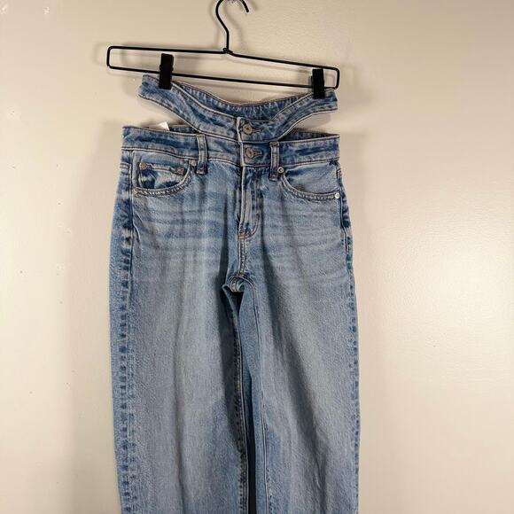 American Eagle Super High Rise Baggy Straight Jeans Mid Wash Womens Size 000 - Picture 10 of 13